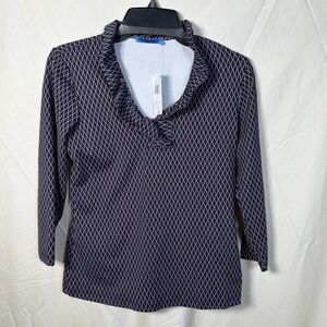 J McLaughlin Womens Navy / Brown Geo Print ‎ Top 3/4 Sleeve NWT Size S